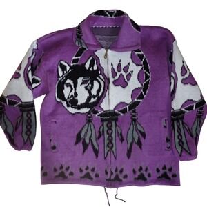 Artesanias Tuntaquimba Wool Full Zip Sweatshirt Size XL Wolf‎ Husky Eagle Purple